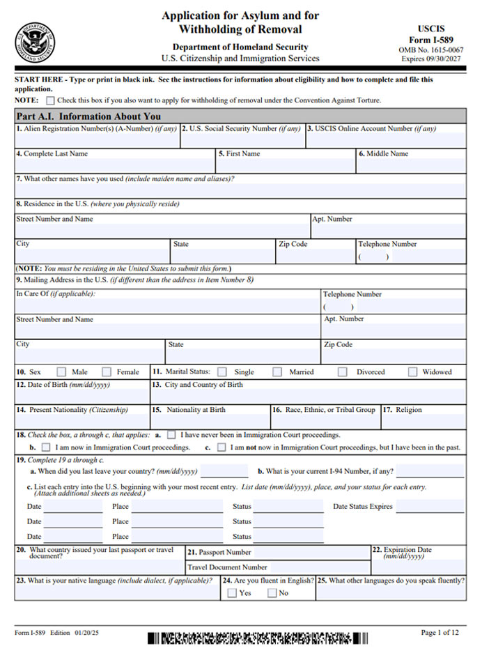 I-589 formu örneği